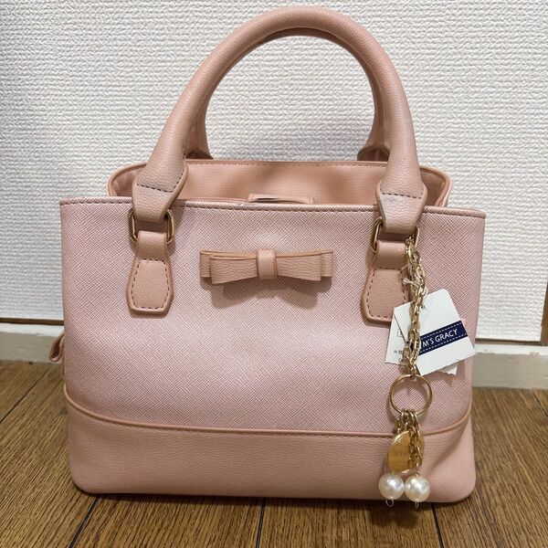 訳あり新品 リボン ピンク ハンドバッグ ショルダー マチ付き エムズグレイシー 2WAY 合皮 大容量 レディース