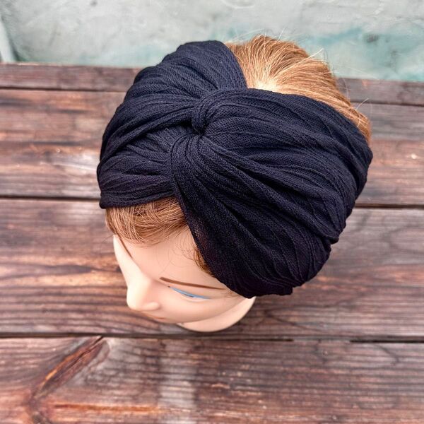 ストレッチレース クロスヘアターバン ヘアバンド ブラック ゆったり