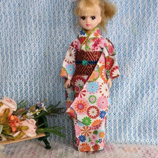 リカちゃんのお着物* ハンドメイド*春らしいお着物& お洒落な帯の 二点セット