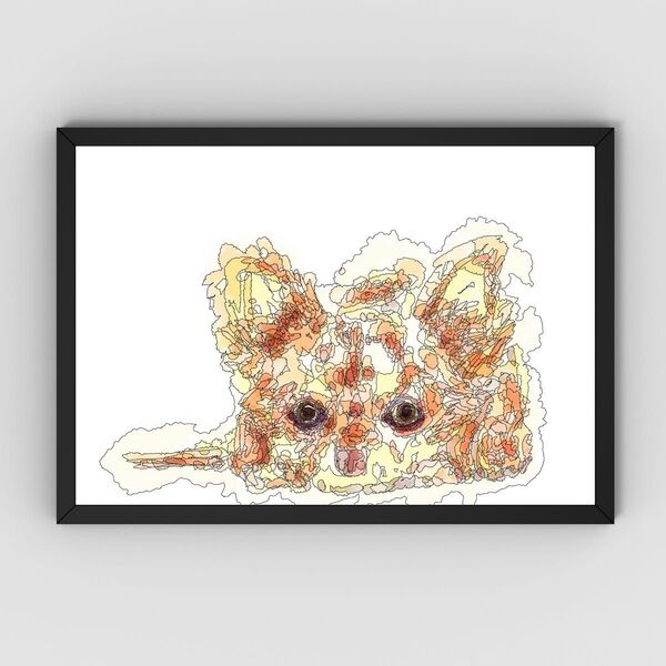 【じっと待つチワワ】 水彩画 ペン画 フレーム付き #32