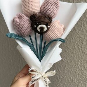 ハンドメイド クマの顔付き花束 チューリップ
