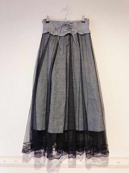 プリーツスカート チュール ロングスカート グレー チェック 黒レース