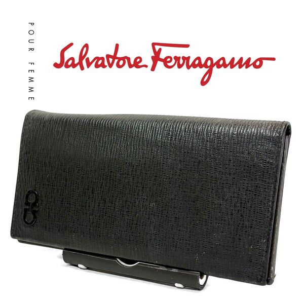 【大人気】 Salvatore Ferragamo サルヴァトーレ フェラガモ ダブル ガンチーニ 二つ折り 長財布 レザーメンズ