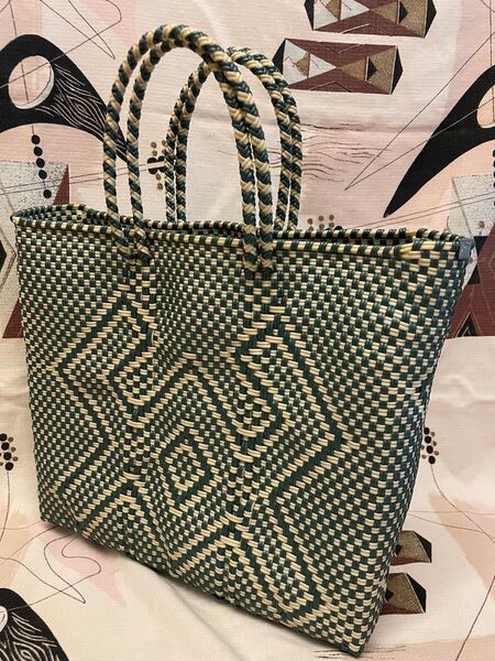 USED 美品 Letra レトラ メルカドバッグ メキシコ製 Green× Ivory かごバッグ