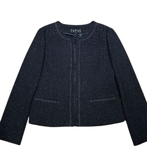 極美品】特価】INDIVI ノーカラージャケット 40 ツイード ネイビー ジャケット ノーカラー ツイード フォーマル ラメ