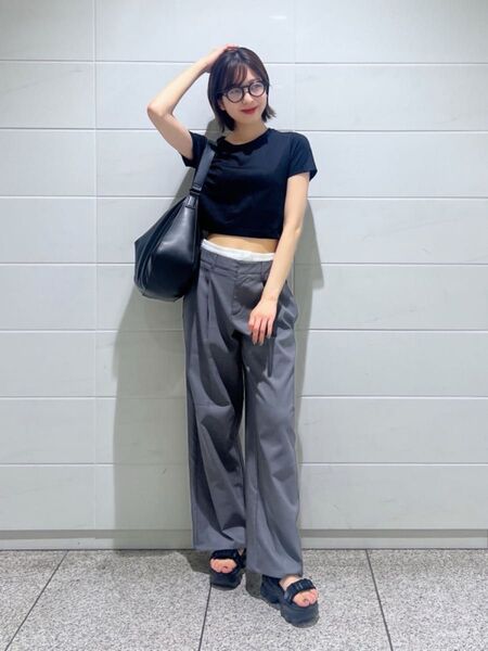 新品】特価】GU ダブルウエストワイドパンツQ+Eグレー L パンツ ボトムス スラックス レディース ワイド