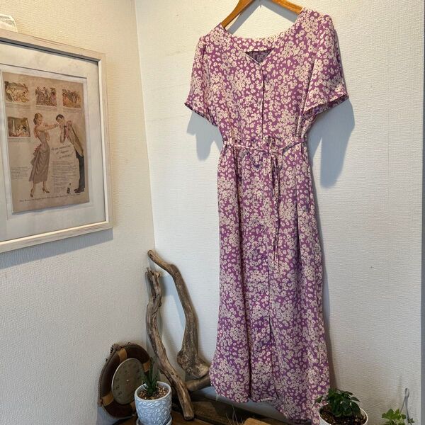 小花柄 春夏服 ワンピース パープル ナチュラル 半袖