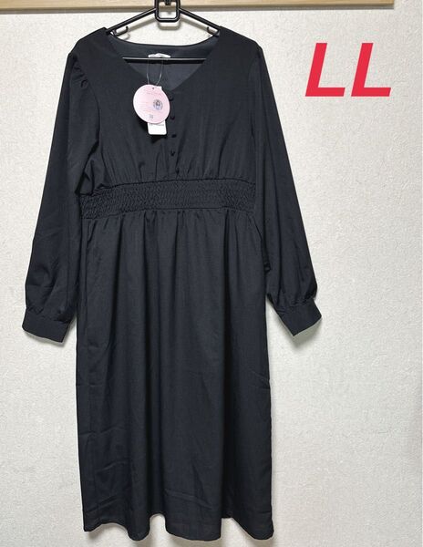 新品 しまむら まいまい シャーリングワンピース ブラック LL