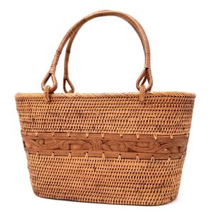 アンティーク 昭和レトロ 竹細工 カゴバッグ 夏 リボン ハンドバッグ トートバッグ バケツ型 蓋付き フラップ 茶 ブラウン