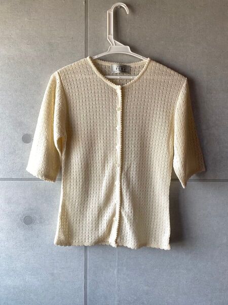 STEFANO DEUX 美品 5分袖 透かし編み サマーニット ベージュ リネン混 日本製