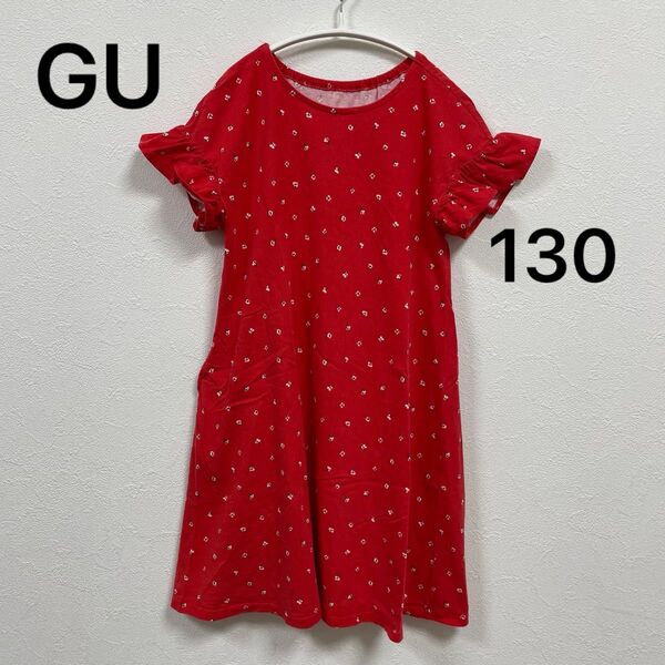 【130】GU 半袖 ワンピース 赤 花柄