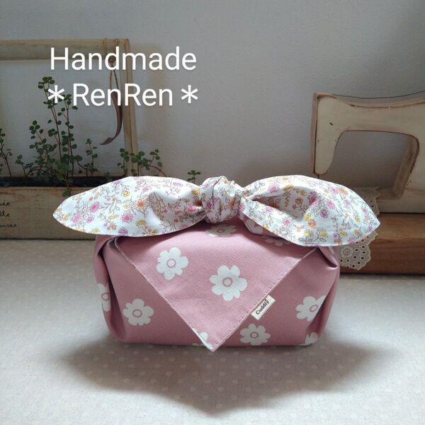 ハンドメイド*リボンのお弁当袋 ランチョンマット*フルレット・ピンク×黄桃小花