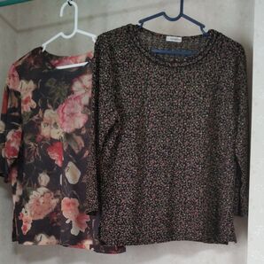 婦人 Tシャツ 2枚セット 花柄 薄手 シニア向け