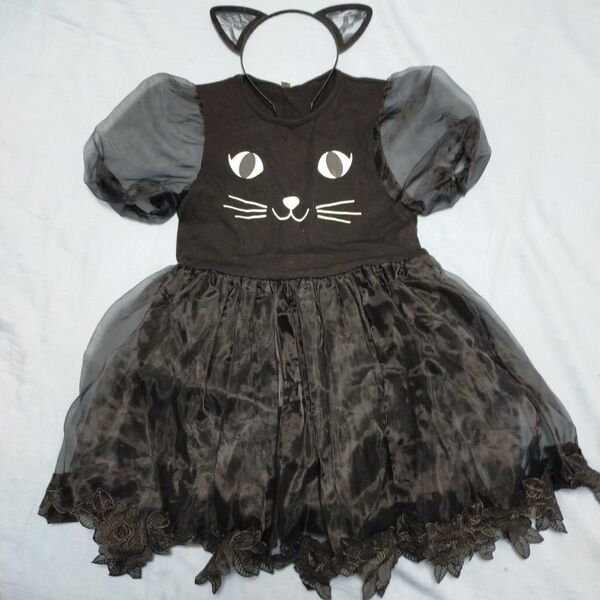 猫耳カチューシャ付き 黒猫コスチューム 仮装 ハロウィン ブラック 猫ドレス ワンピース 女の子 120cm