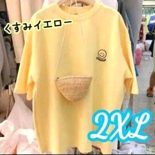 半袖 Tシャツ オーバーサイズ ゆったりめ ルーズシルエット ワンポイント 柔らか 薄手 速乾 さらテロ くすみイエロー 2XL