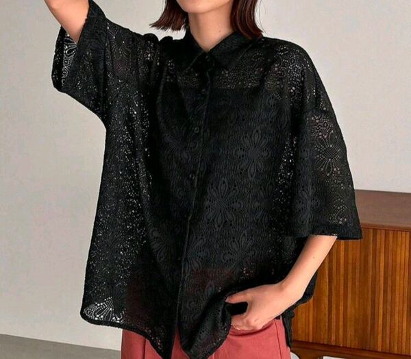【未使用】 オーバーサイズ ブラウス レース刺繍シャツ 半袖 甘辛シャツ