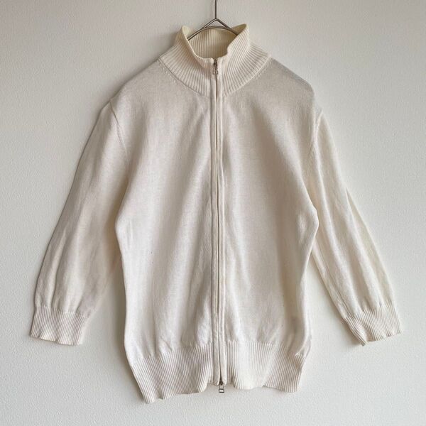 R.P.B ジップアップ ニット カーディガン 古着 フルジップ 無地 アイボリー リブ ハイネック 七分袖 羽織 エールペベ M