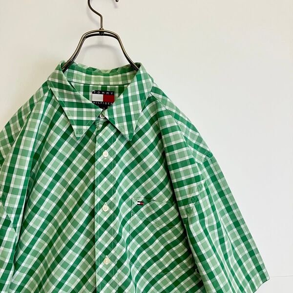 90s古着 トミーヒルフィガー 半袖シャツ L チェック グリーン系