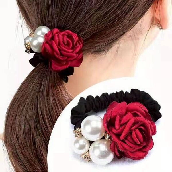 シュシュ パール 薔薇 花 レッド 赤 上品 結婚式 フォーマル おしゃれ ヘアアクセサリー