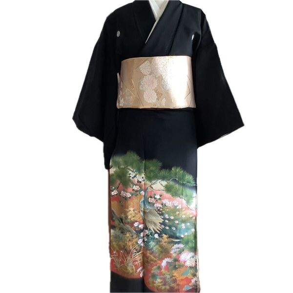 黒留袖 帯 長襦袢 3点セット 孔雀と松 正絹