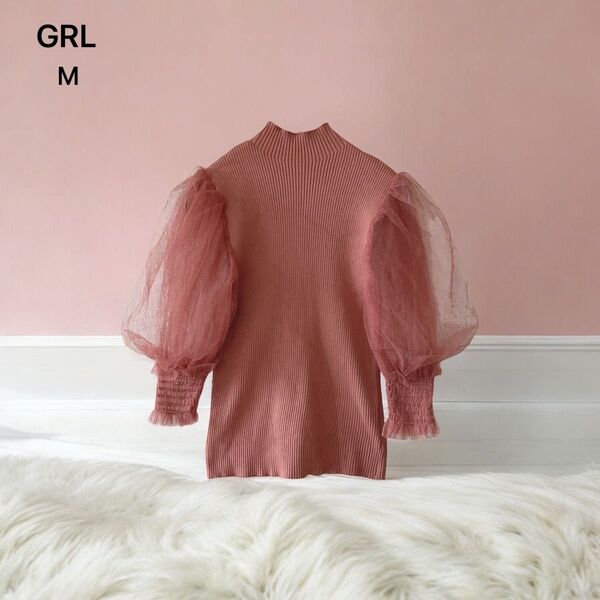 未使用 【GRL】 ニットカットソー (M) 半袖 リブ編み 異素材 チュール バルーンスリーブ フェミニントップス