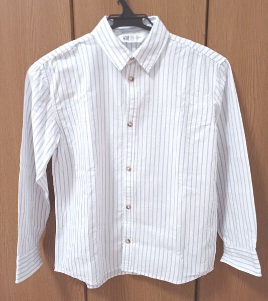【美品】H&M 長袖シャツ ホワイトブルーストライプ 135 130 140
