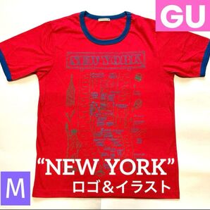 GUジーユー Tシャツ 『NEW YORK』ロゴ&イラスト 半袖 濃いピンク♪ M