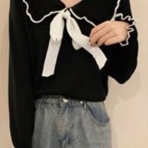 2回着用【SHEIN】フリル襟リボン付き黒長袖トップス