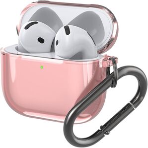 Air-Pods 4 ケース 透明保護ケース TPU 耐衝撃性 ソフトスキン カラビナ付き ワイヤレスヘッドフォンカバー ピンク