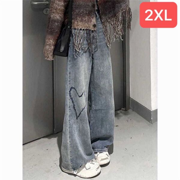 デニムパンツ レディース 美脚 ハート柄刺 ワイドパンツ ロングパンツSLTC004