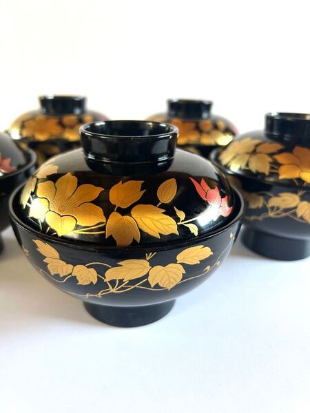 会津塗 義三作 蓋付き 吸物椀 汁椀 5セット 鉄線柄 和食器 美品