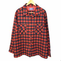 ■ビンテージ USA製 PENDLETON ペンドルトン ロングタイプ オープンカラー チェック柄 長袖ウールシャツ 古着 アメカジ ボードシャツ■_画像1