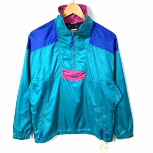 ■80s ビンテージ 女性用 Columbia コロンビア ネオンカラー リップストップ 切り替えし ハーフジップ ナイロン プルオーバージャケット■