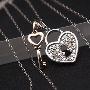 K303 ダイヤモンド 925刻印 ペンダント ネックレス 鍵 キー 鍵穴 ハート ピンクゴールド デザイン シルバー 4月誕生石