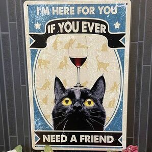 ブリキ看板 AE08 黒猫とワイングラス 雑貨 レトロ インテリア アートネコ
