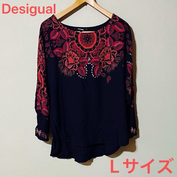 Desigual デシグアル ブラック エスニック調 レディーストップス Lサイズ