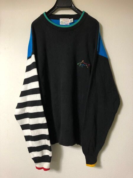 Reebok オールド 香港製 GREG NORMAN COLLECTION クレイジーニット 黒 ボーダー 青 カラフル 90s