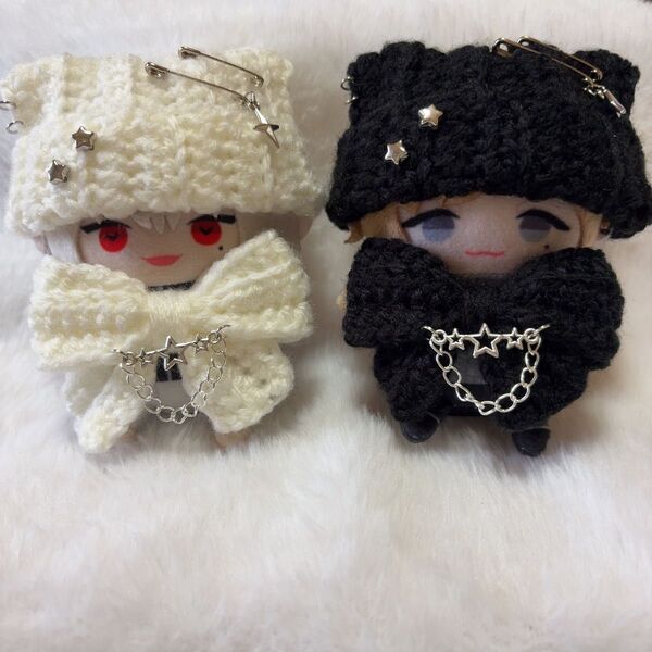 【白黒セット】でかリボン付き ネコ耳 ニット帽 10cm にじぱぺっと ぬい服