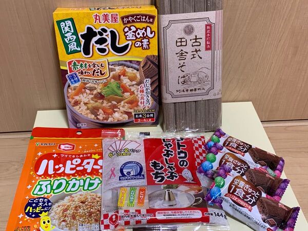 釜めしの素、しゃぶしゃぶもち、古式田舎そば、ふりかけ、バランスオンminiケーキ