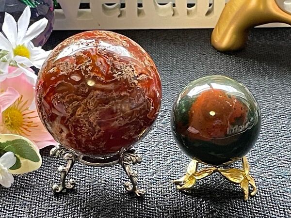 レッドモスアゲート&ジャスパースフィアセット♪