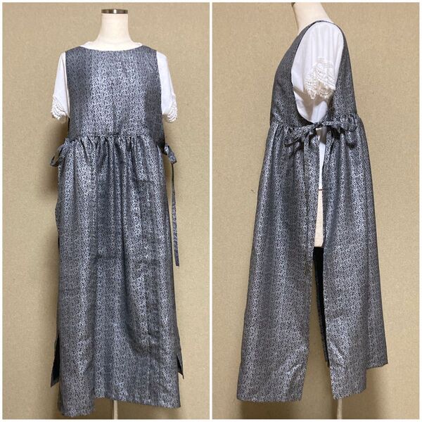 銀色リーフ柄 サイドリボンエプロンドレス ギャザーワンピース 着物リメイク ハンドメイド