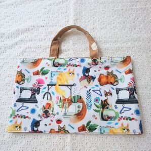 ハンドメイド 隠しマチ付きランチトート ねことミシン