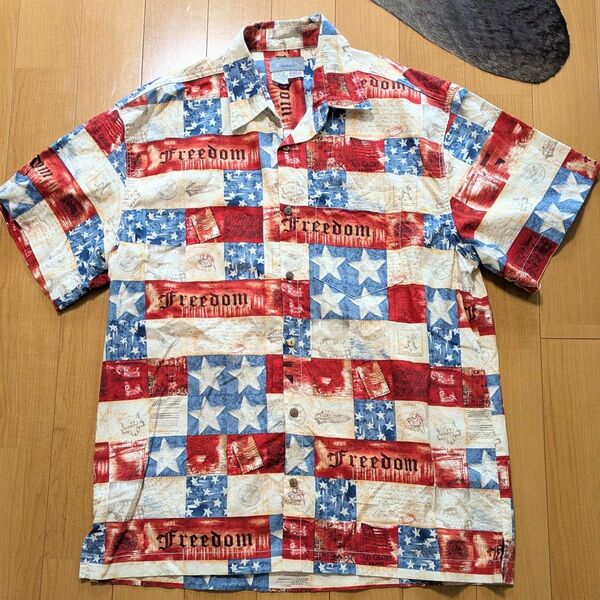 【美品レア】HIGH SEAS 半袖コットンシャツ made in U.S.A 総柄 星 Freedom サイズ L メンズ
