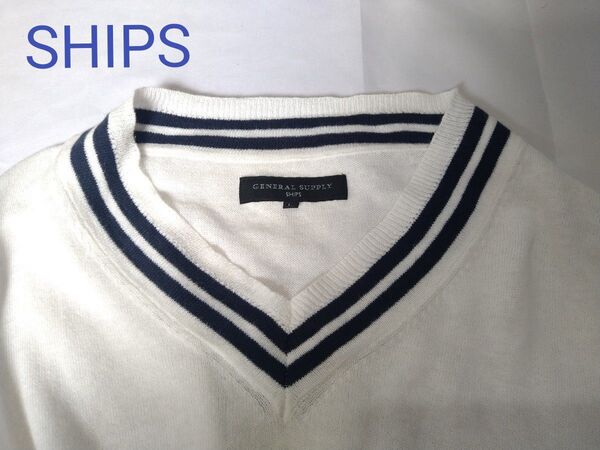SHIPS 薄手セーター リネン55% ホワイト シップス Vネック ニット