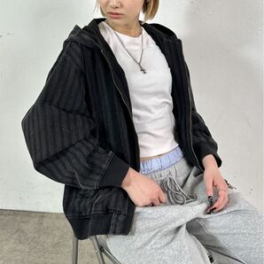 who's who gallery ストライプデニムフードジップブルゾンBK F