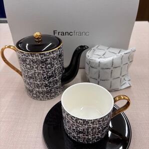 Francfranc フランフラン ツイード ティーポット ブラックとカップ&ソーサー2個セット
