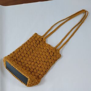 ハンドメイド 艶ありペーパーヤーン バッグ ミニショルダーバッグ イエロー からしカラー 手編み 手作り