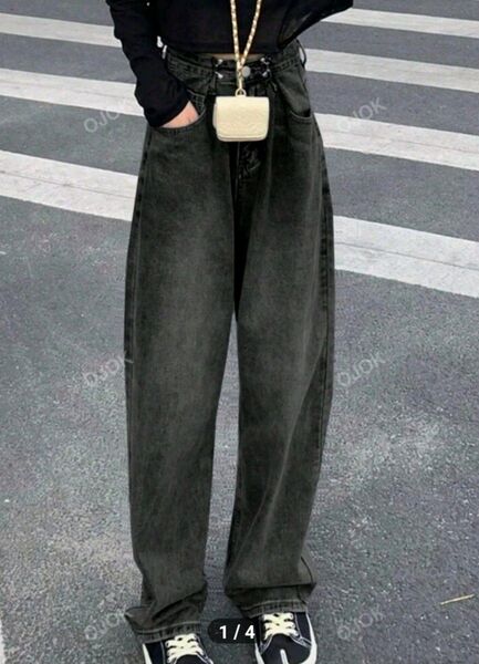シーインハイウエストフックワイドストレートジーンズダークグレー未使用