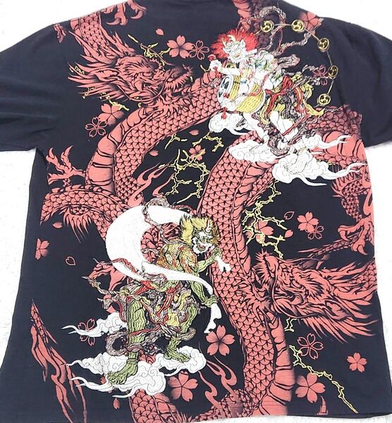 【希少】華鳥風月 風神 雷神 豪華 刺繍 昇竜 絵柄 半袖 Tシャツ XXL