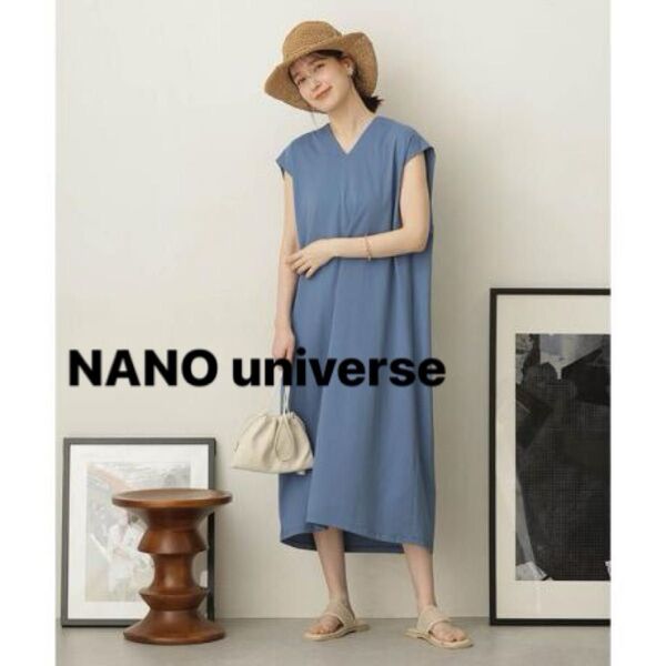 NANO universe ノースリーブワンピース フレンチスリーブ ロングワンピース フリー ブルー
